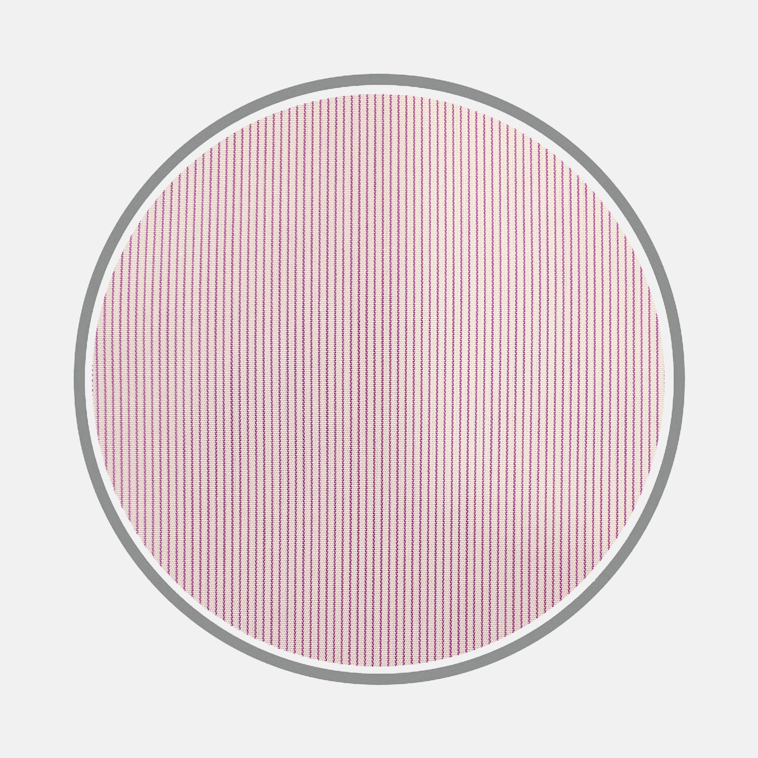 View 1 of product A circular view of Turnbull & Asser's Lilac Hairline Stripe Cotton Fabric, featuring evenly spaced vertical pink and white stripes with a thin gray border, displayed on a plain white background.