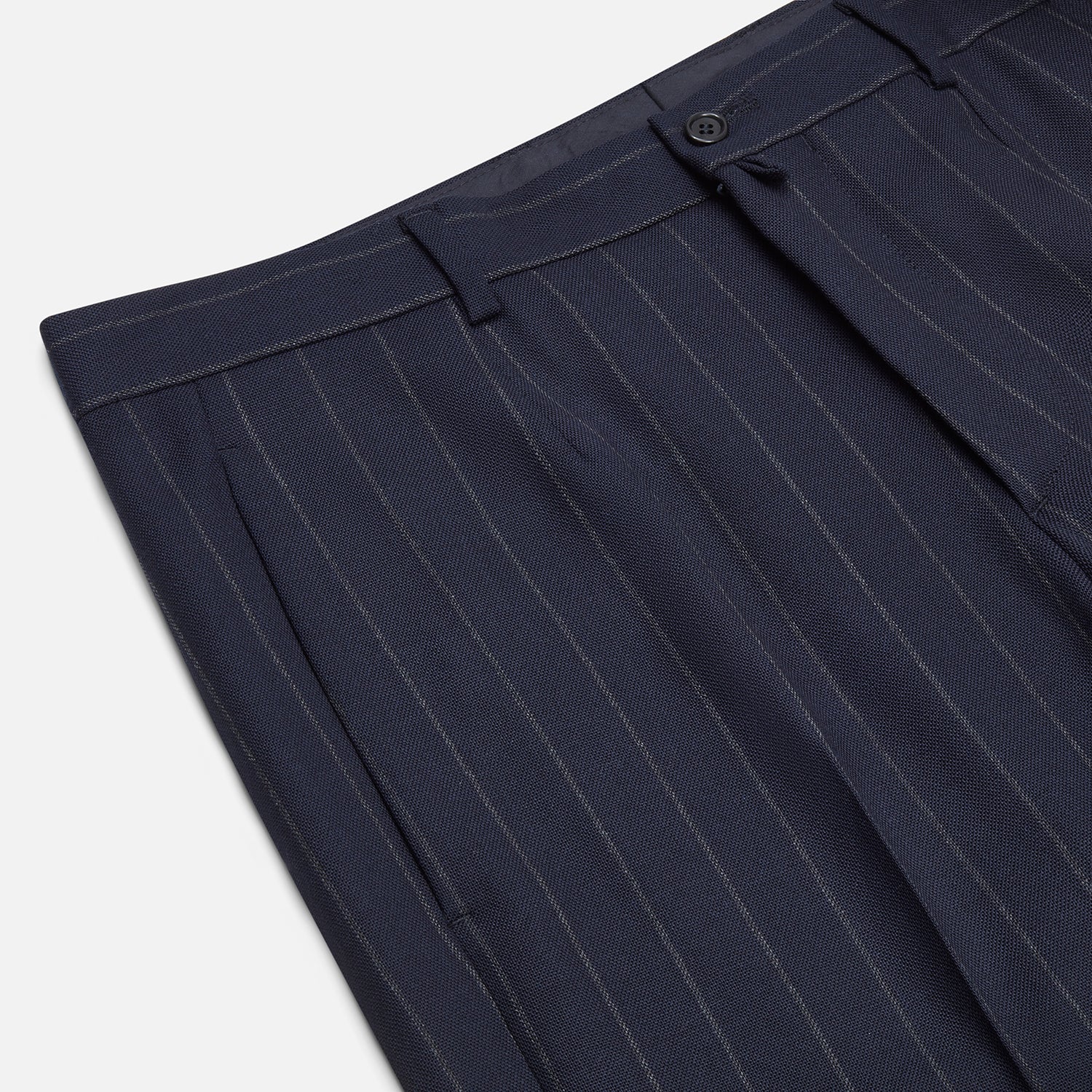 View 2 of product Turnbull & Asser Navy Pinstripe Rupert Trousers, crafted from fine Italian wool with a straight-leg fit, belt loops, side pockets, and front button closure, are displayed on a plain white background.