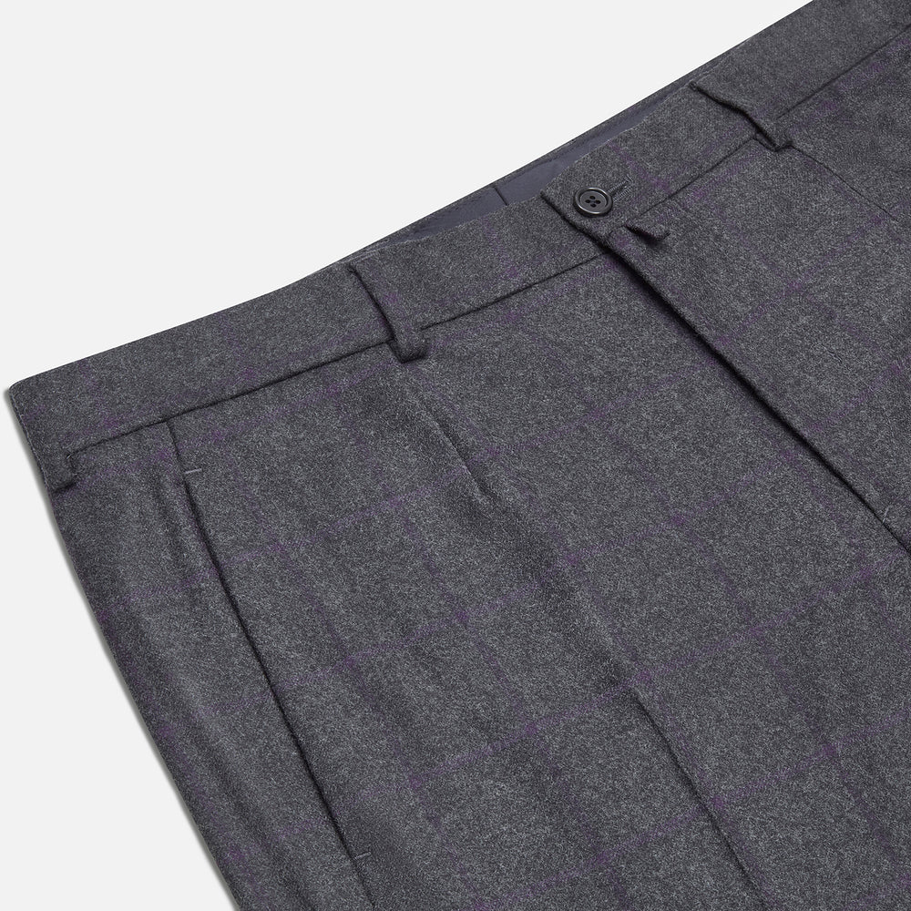 Turnbull & Asser Charcoal and Purple Check Rupert Trousers feature a tailored fit, belt loops, front crease, and button closure, shown on a plain white background.