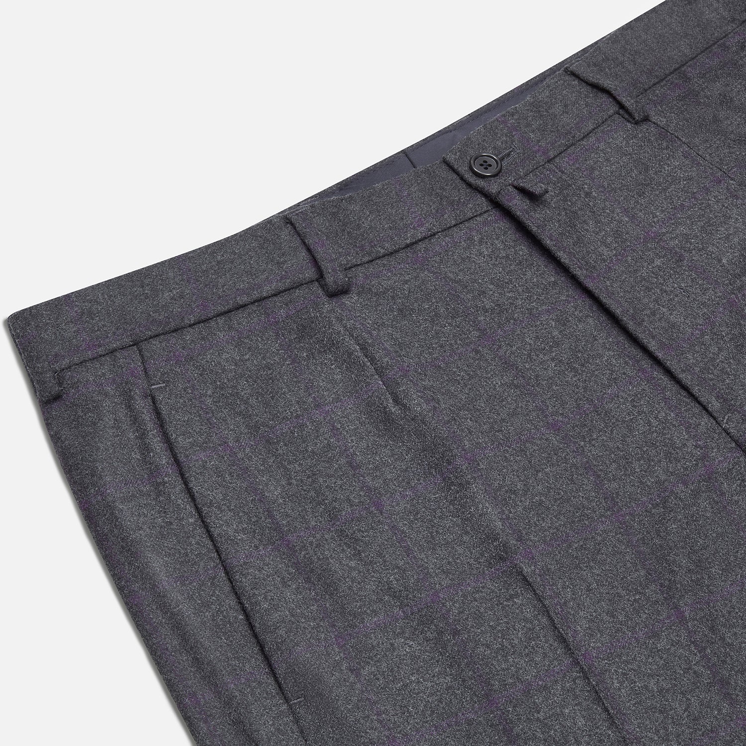 View 2 of product Turnbull & Asser Charcoal and Purple Check Rupert Trousers feature a tailored fit, belt loops, front crease, and button closure, shown on a plain white background.