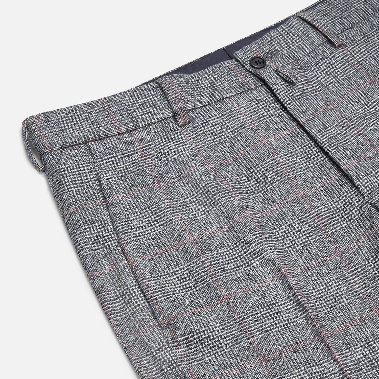 View 2 of product Turnbull & Asser's Grey and Red Check Rupert Trousers feature a tailored fit, straight-leg design, subtle red Prince of Wales check, and front button with zipper closure, displayed against a plain white background.
