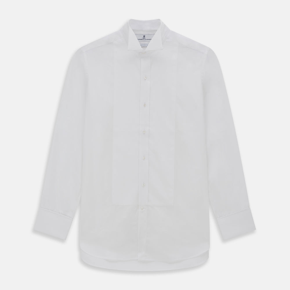 The Turnbull & Asser White Cotton Dress Shirt features a wing collar, double cuffs, and is displayed on a plain white background.
