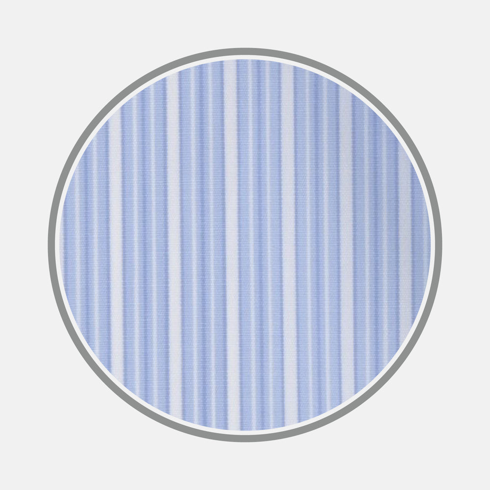 A close-up of Turnbull & Asser’s Light Blue Rich Stripe Cotton Fabric, featuring alternating light blue and white vertical stripes, framed by a circular gray border on a plain white background.