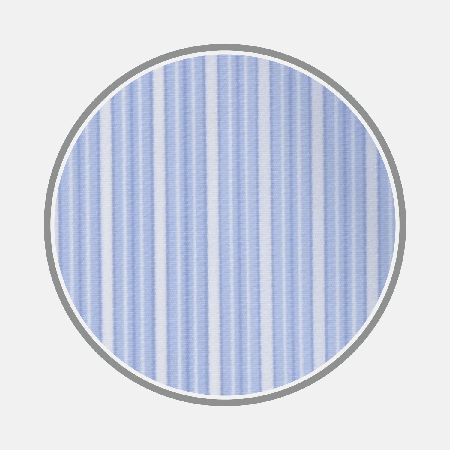 View 1 of product A close-up of Turnbull & Asser’s Light Blue Rich Stripe Cotton Fabric, featuring alternating light blue and white vertical stripes, framed by a circular gray border on a plain white background.