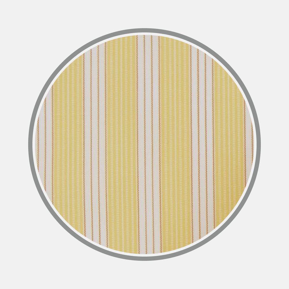 A round image displays Turnbull & Asser's Yellow and White Bold Stripe Cotton Fabric with thin brown lines, bordered by a gray circle on a light gray background.