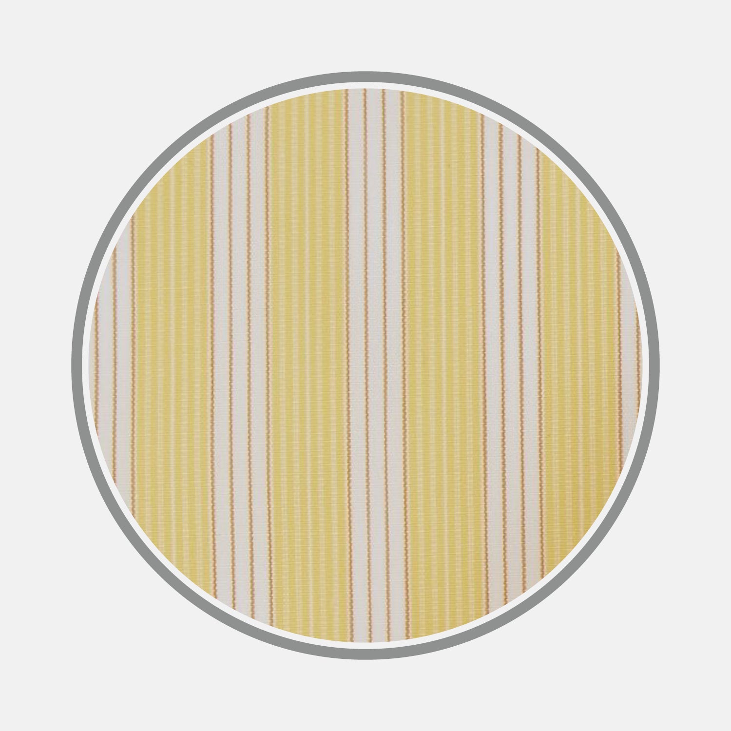 View 1 of product A round image displays Turnbull & Asser's Yellow and White Bold Stripe Cotton Fabric with thin brown lines, bordered by a gray circle on a light gray background.