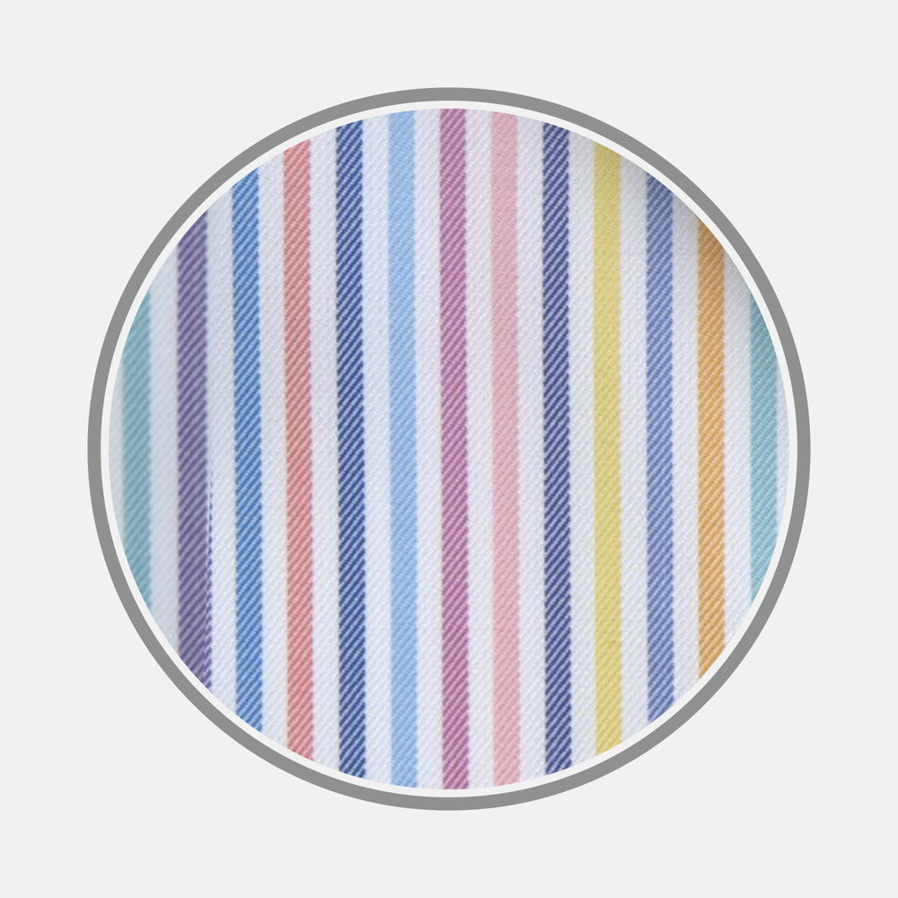 The Multicoloured Graph Stripe Cotton Fabric by Turnbull & Asser features vertical pastel stripes in blue, purple, pink, yellow, and orange with a soft texture on a white background.