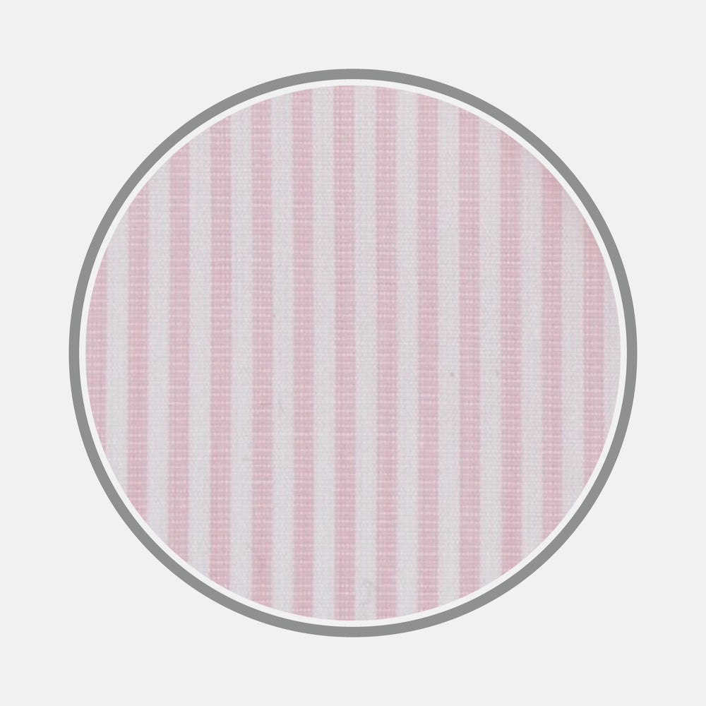 Close-up of Turnbull & Asser Pink and White Stripe Cotton Fabric, featuring textured vertical stripes, displayed in a circular frame on a white background.