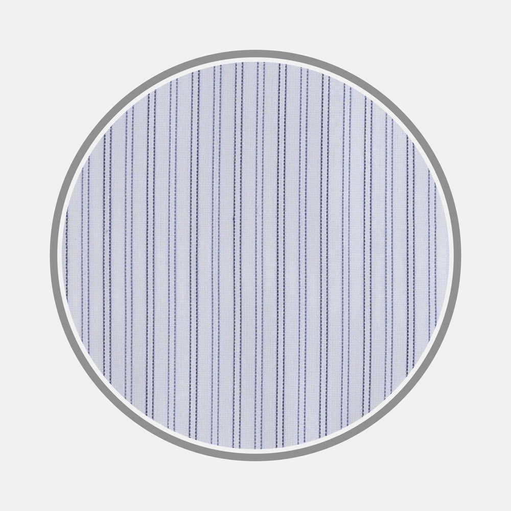 A close-up of Light Blue Double Stripe Sea Island Quality Cotton Fabric by Turnbull & Asser, showing thin vertical stripes within a circular frame on a plain background.
