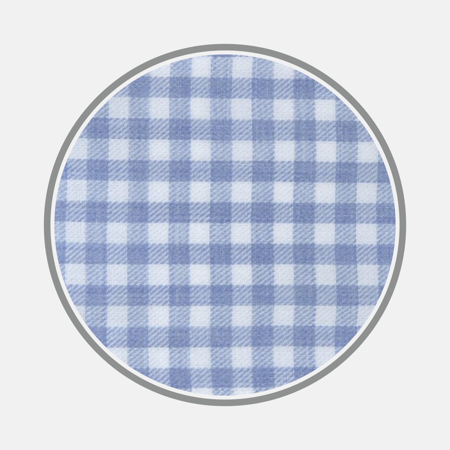 View 1 of product A circular swatch of Turnbull & Asser's Light Blue Gingham Cotton Fabric, featuring a blue and white checkered pattern with a thin gray border, displayed against a plain light background.