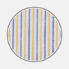 View 1 of product Close-up of Turnbull & Asser's Yellow and Blue Ticking Stripe Linen Fabric, featuring alternating vertical blue and yellow stripes on a white background within a circular frame.