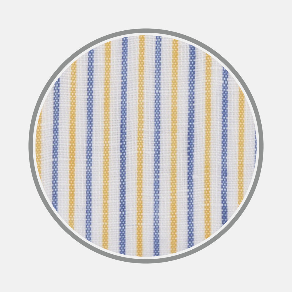 Close-up of Turnbull & Asser's Yellow and Blue Ticking Stripe Linen Fabric, featuring alternating vertical blue and yellow stripes on a white background within a circular frame.