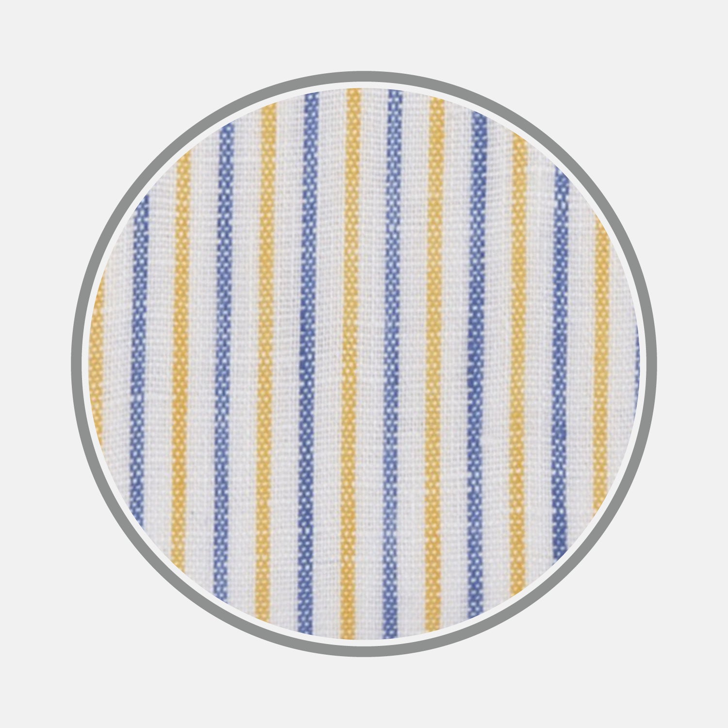 View 1 of product Close-up of Turnbull & Asser's Yellow and Blue Ticking Stripe Linen Fabric, featuring alternating vertical blue and yellow stripes on a white background within a circular frame.