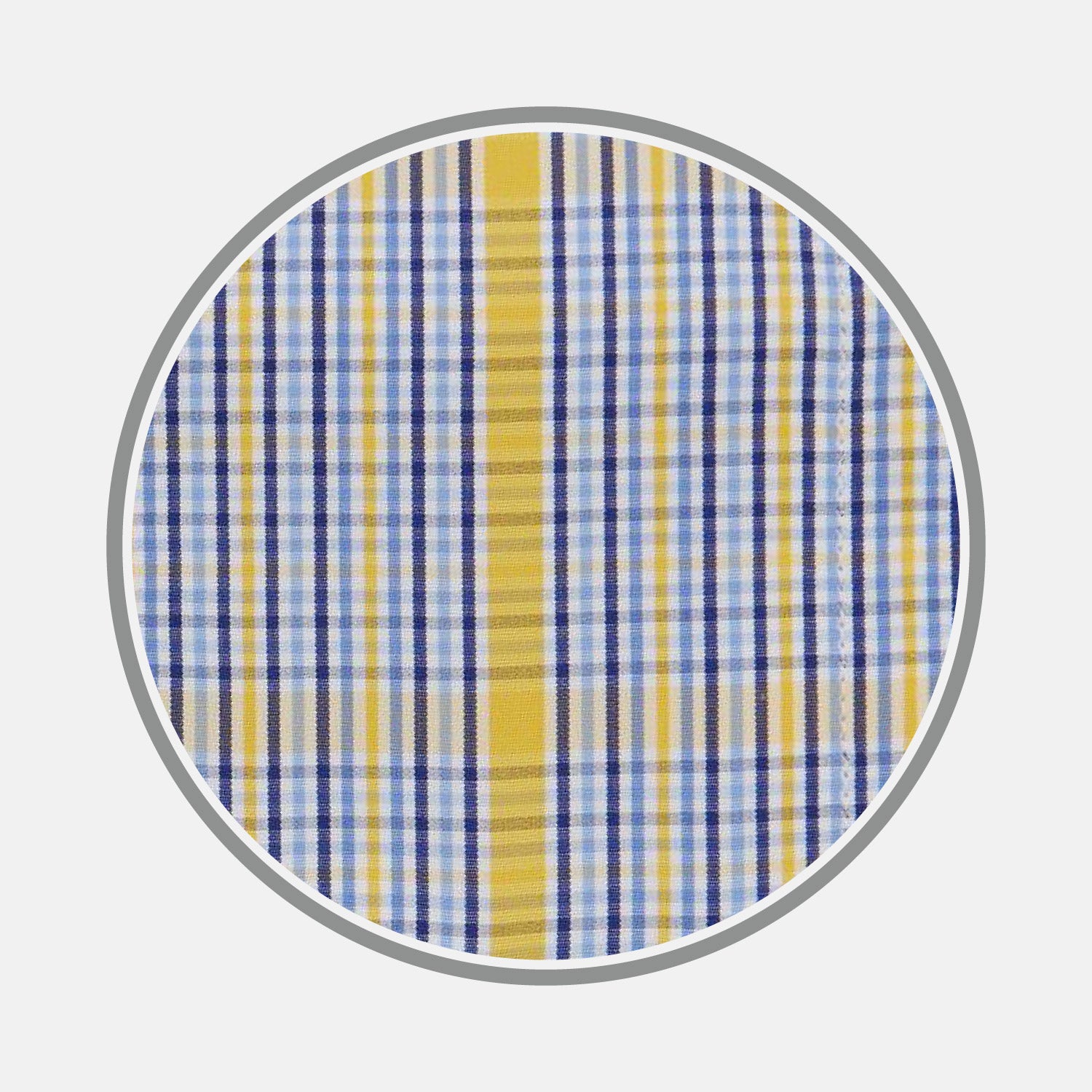 View 1 of product A close-up of Turnbull & Asser's Yellow & Blue Check Cotton Fabric shows its plaid pattern, with intersecting lines in yellow, blue, white, and light brown, displayed in a circular frame on a plain white background.