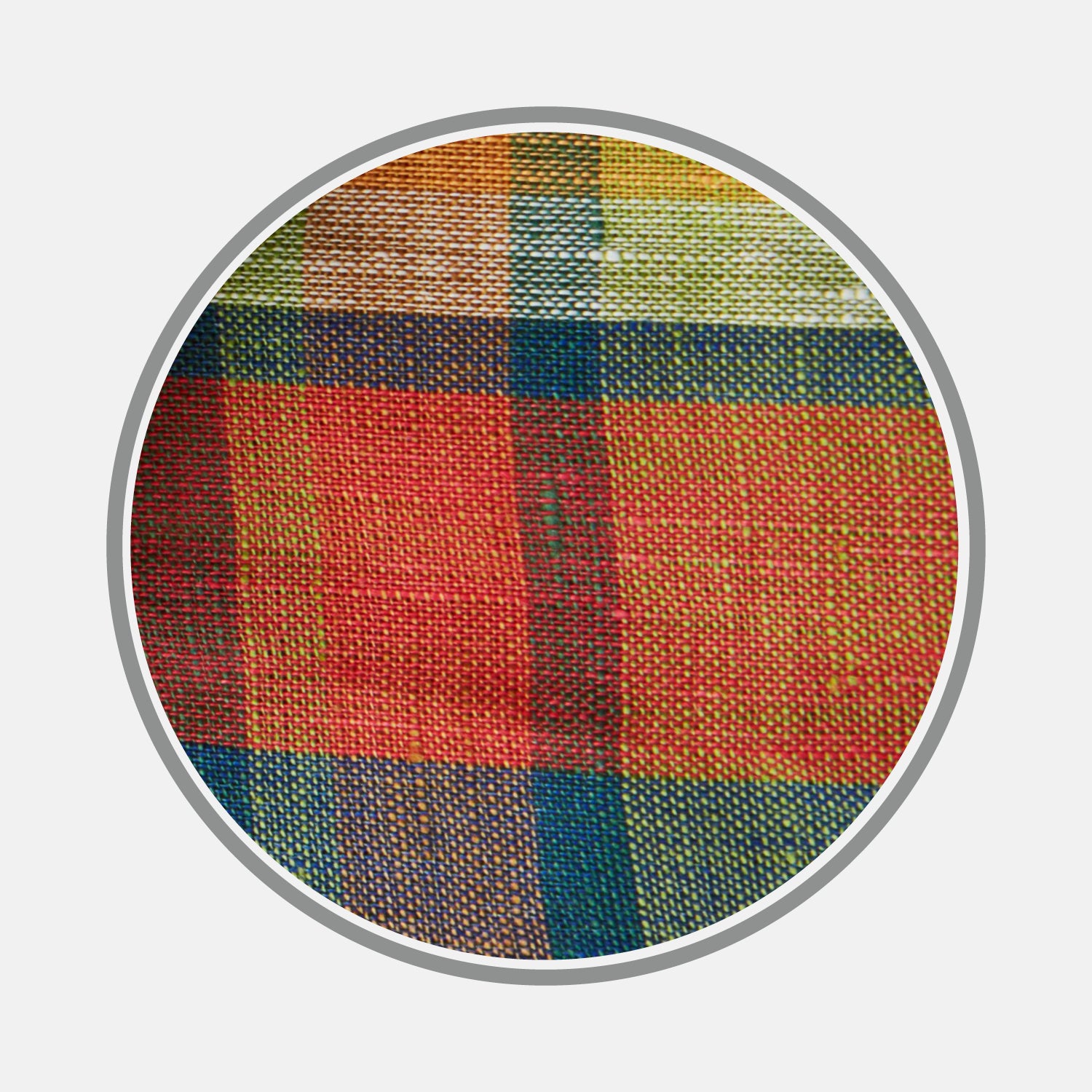 View 1 of product A close-up of Turnbull & Asser’s Orange Madras Check Linen Fabric, showing a vibrant plaid with intersecting red, green, yellow, blue, and orange stripes in a circular frame on a white background.
