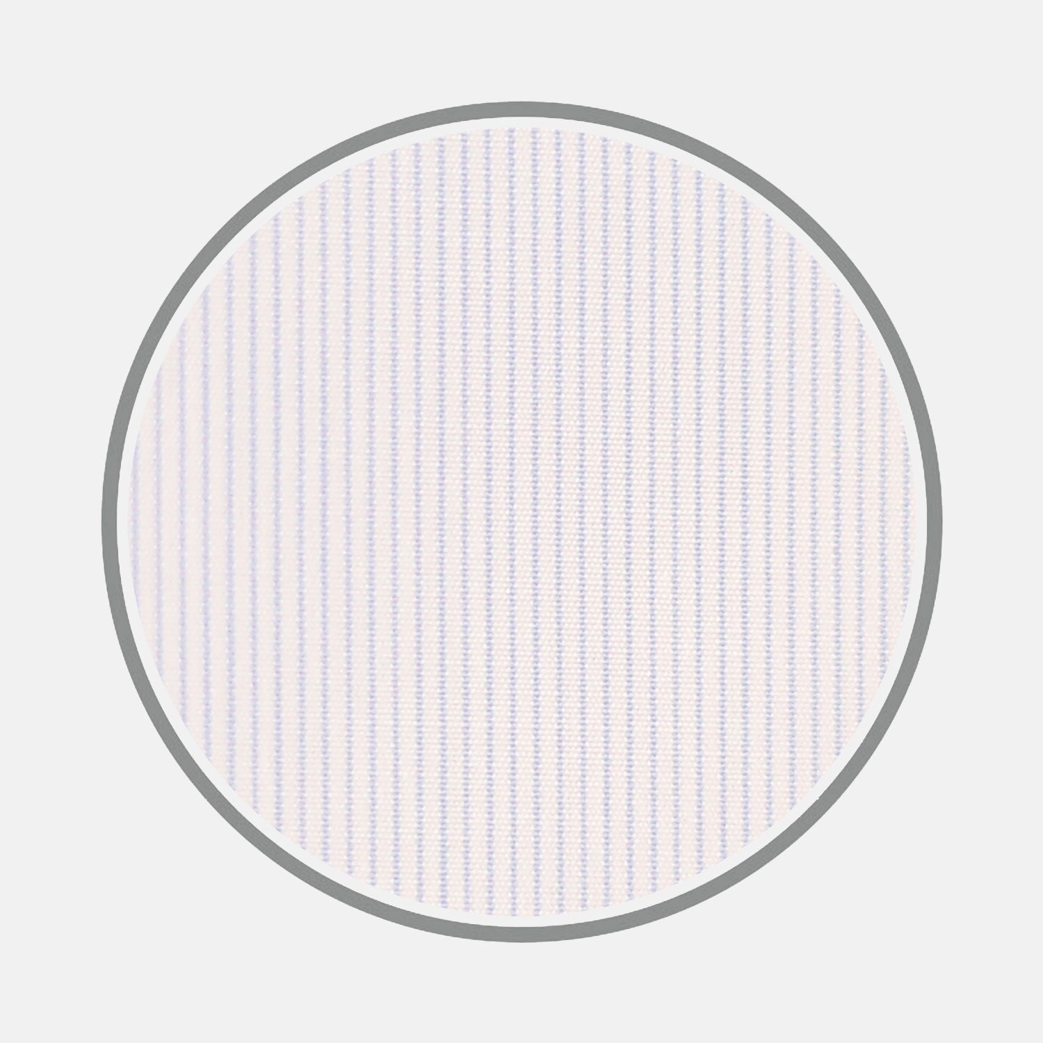 View 2 of product Close-up of Turnbull & Asser Light Blue Hairline Stripe Cotton Fabric featuring fine, evenly spaced vertical blue stripes on a white background, displayed in a gray circular frame.