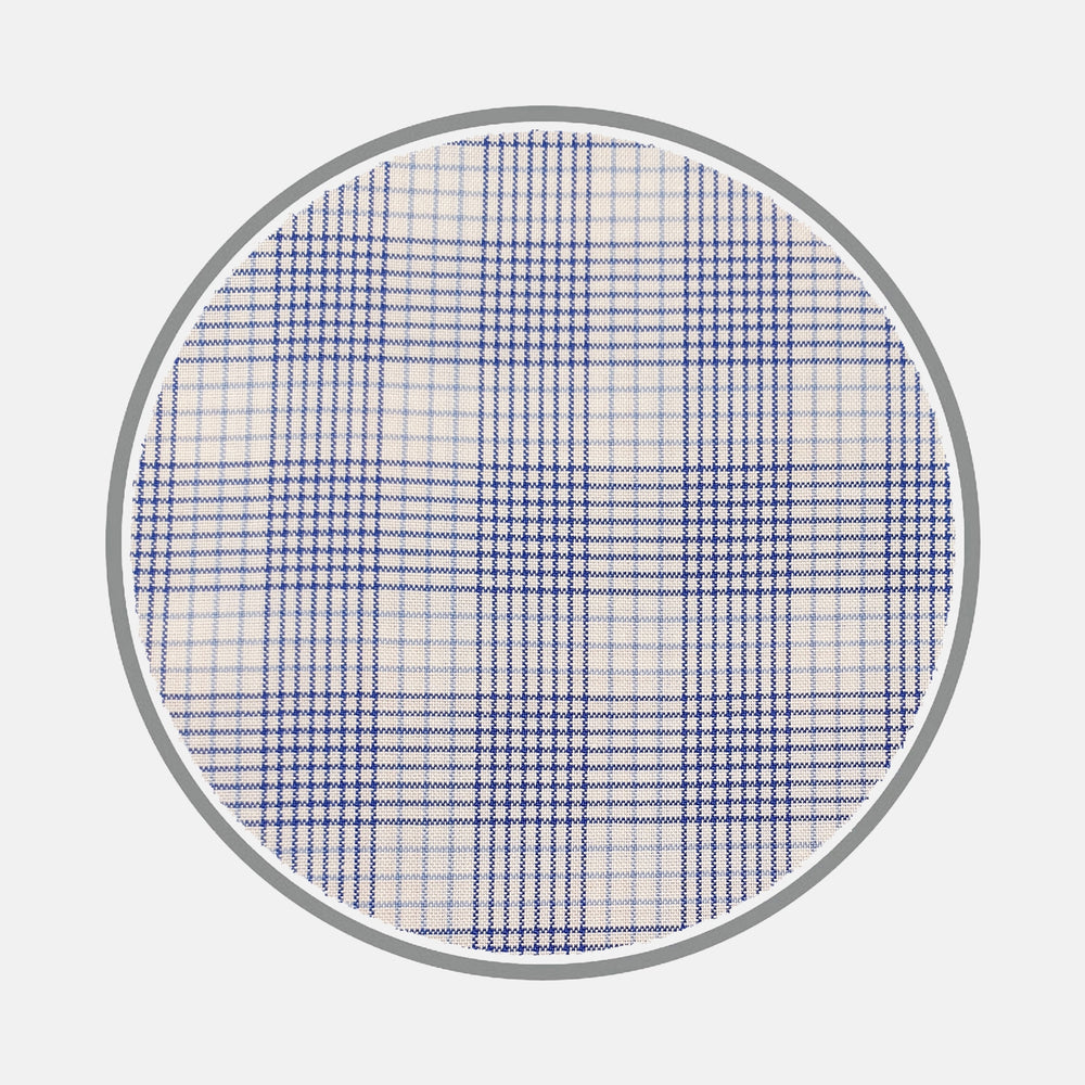 A circular item featuring a blue and white plaid pattern inspired by custom shirts, with a gray border, from Turnbull & Asser's MTM SHIRTS ALL collection, shown on a plain white background.