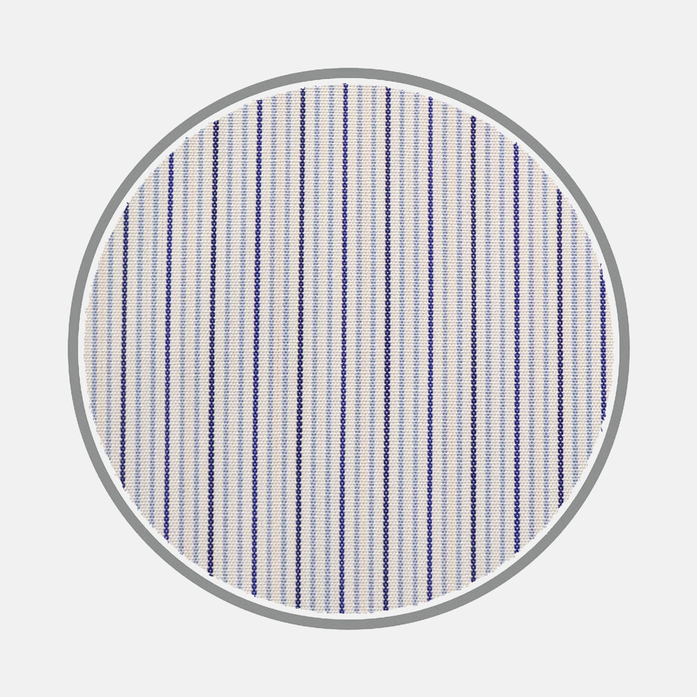 A circular swatch of Turnbull & Asser’s Navy and Light Blue Fine Stripe Silverline Cotton Fabric is shown, featuring thin vertical blue stripes on white and bordered with gray, set against a plain white background.