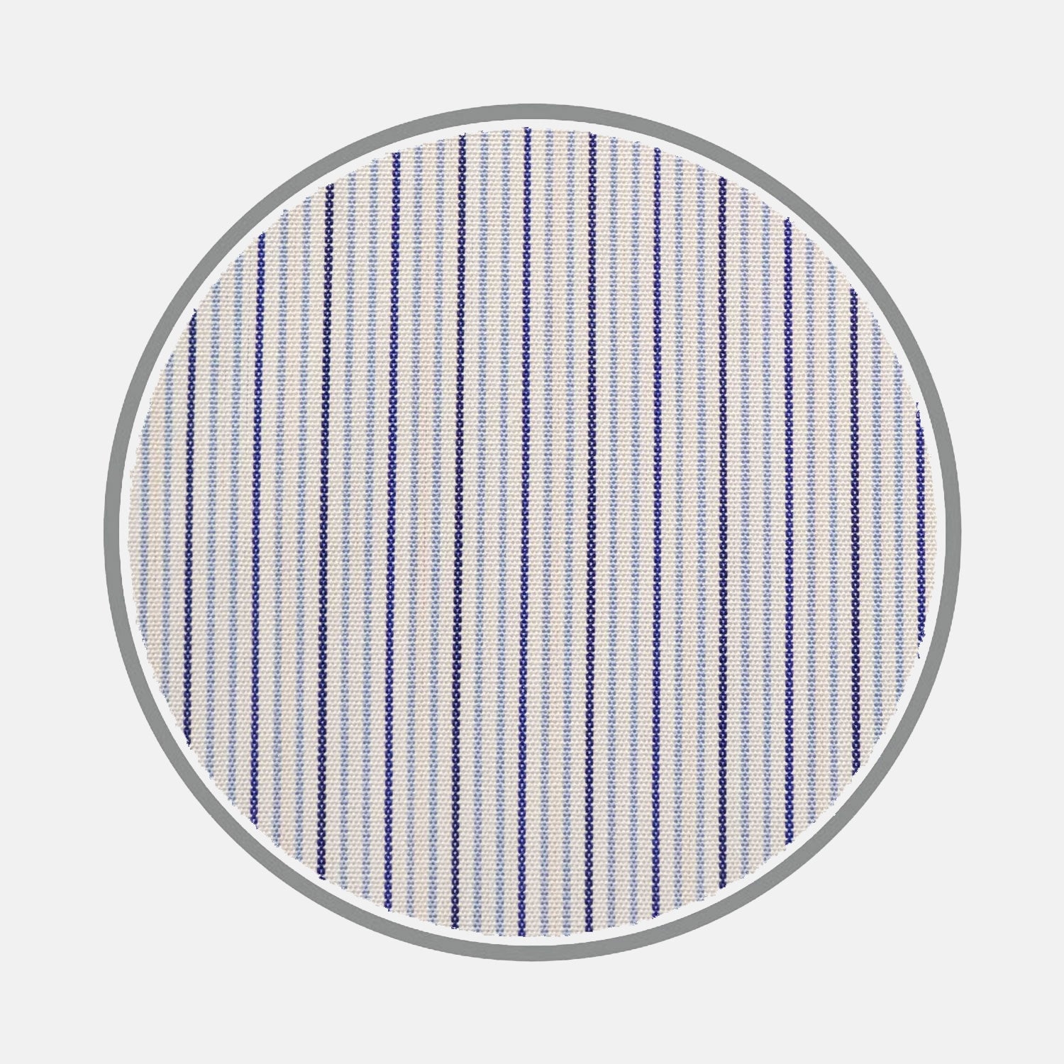 View 1 of product A circular swatch of Turnbull & Asser’s Navy and Light Blue Fine Stripe Silverline Cotton Fabric is shown, featuring thin vertical blue stripes on white and bordered with gray, set against a plain white background.