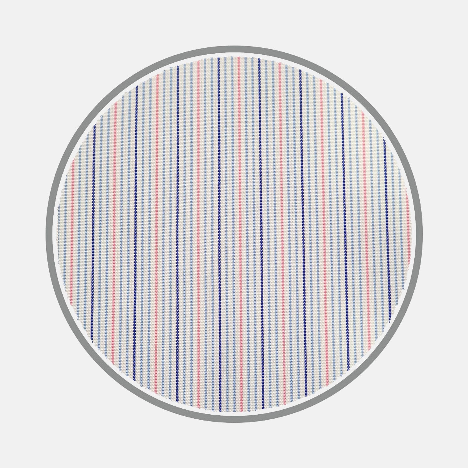 View 2 of product A circular swatch of Turnbull & Asser’s Navy and Pink Fine Stripe Silverline Cotton Fabric features vertical navy and pink stripes on a white background with a gray border.