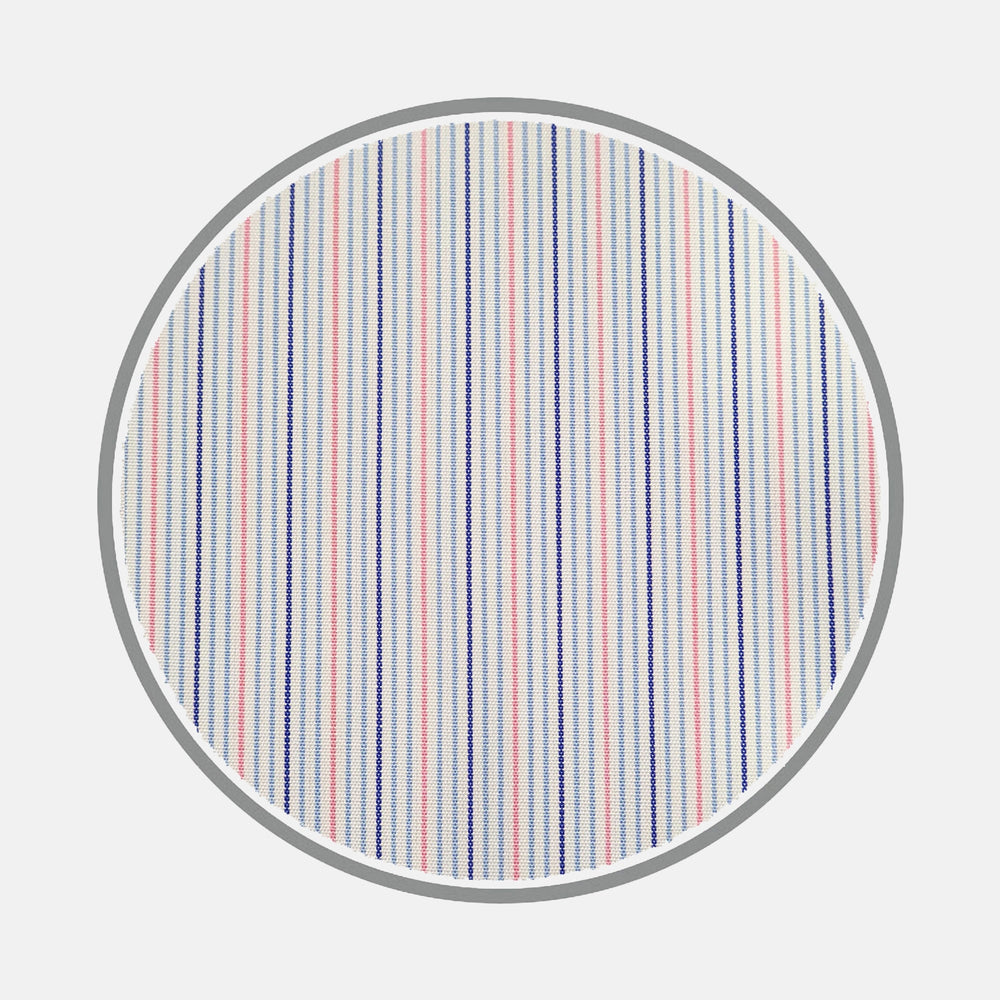 A circular swatch of Turnbull & Asser’s Navy and Pink Fine Stripe Silverline Cotton Fabric features vertical navy and pink stripes on a white background with a gray border.
