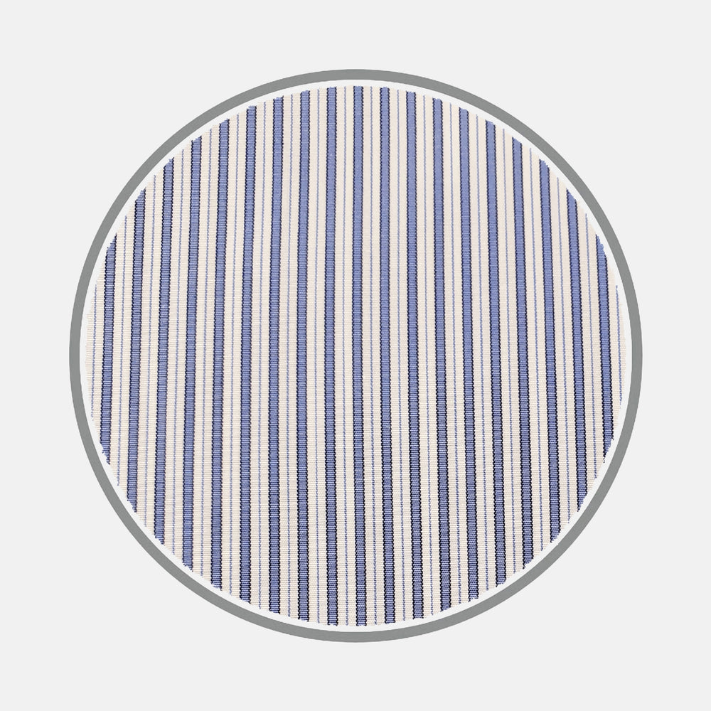 A circular swatch of Turnbull & Asser’s Blue Multi Stripe Silverline Cotton Fabric, featuring vertical blue and white stripes and a gray border, displayed on a plain white background.