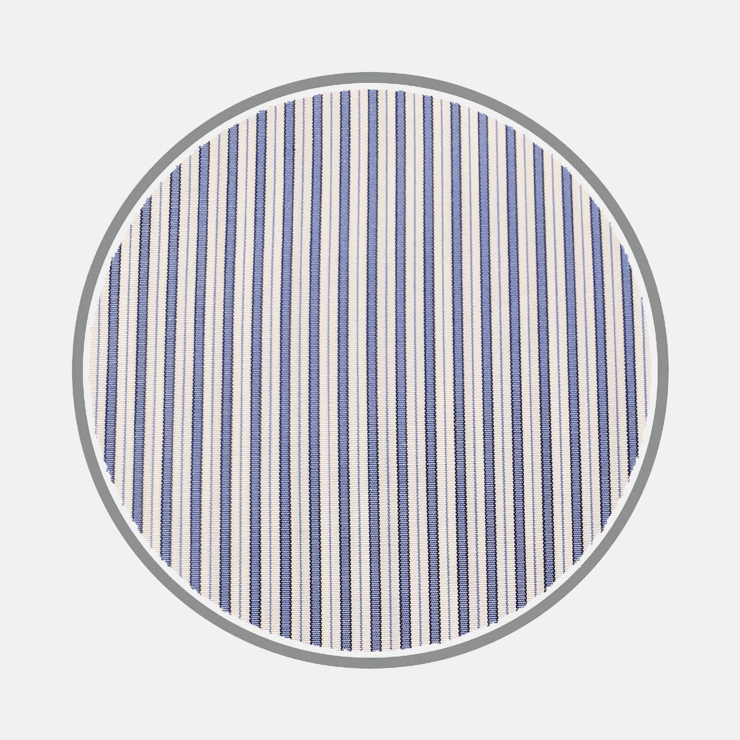 View 2 of product A circular swatch of Turnbull & Asser’s Blue Multi Stripe Silverline Cotton Fabric, featuring vertical blue and white stripes and a gray border, displayed on a plain white background.