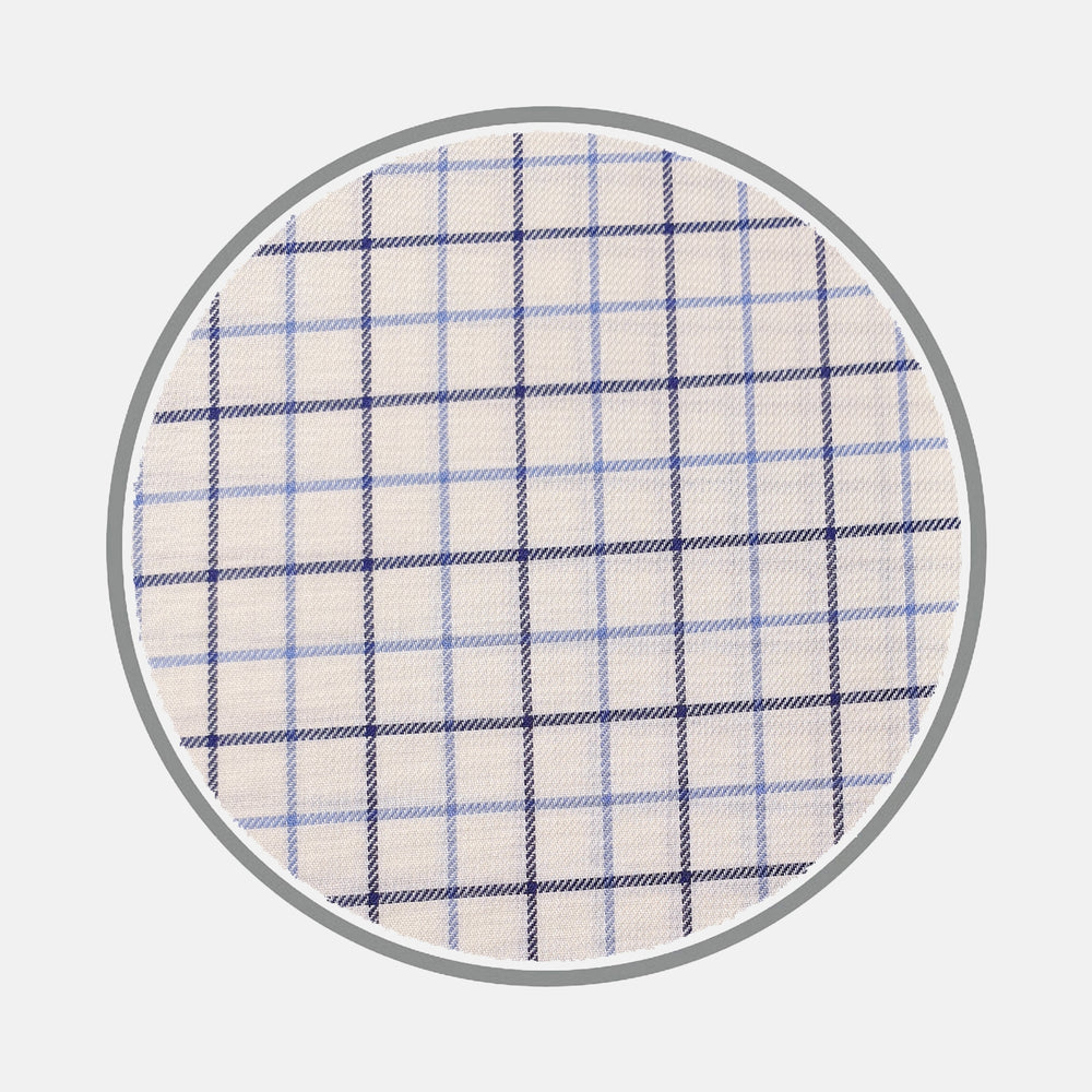 The Navy and Blue Check Brushed Silverline Cotton Fabric by Turnbull & Asser features a circular design with blue and navy checkered lines on white, bordered by a gray ring.