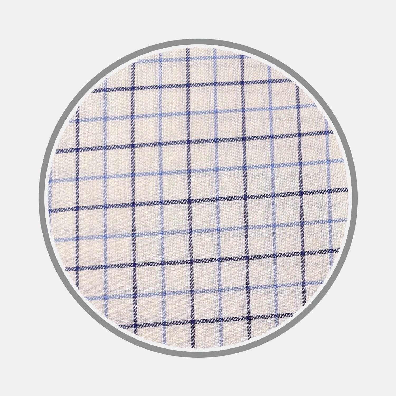 View 1 of product The Navy and Blue Check Brushed Silverline Cotton Fabric by Turnbull & Asser features a circular design with blue and navy checkered lines on white, bordered by a gray ring.