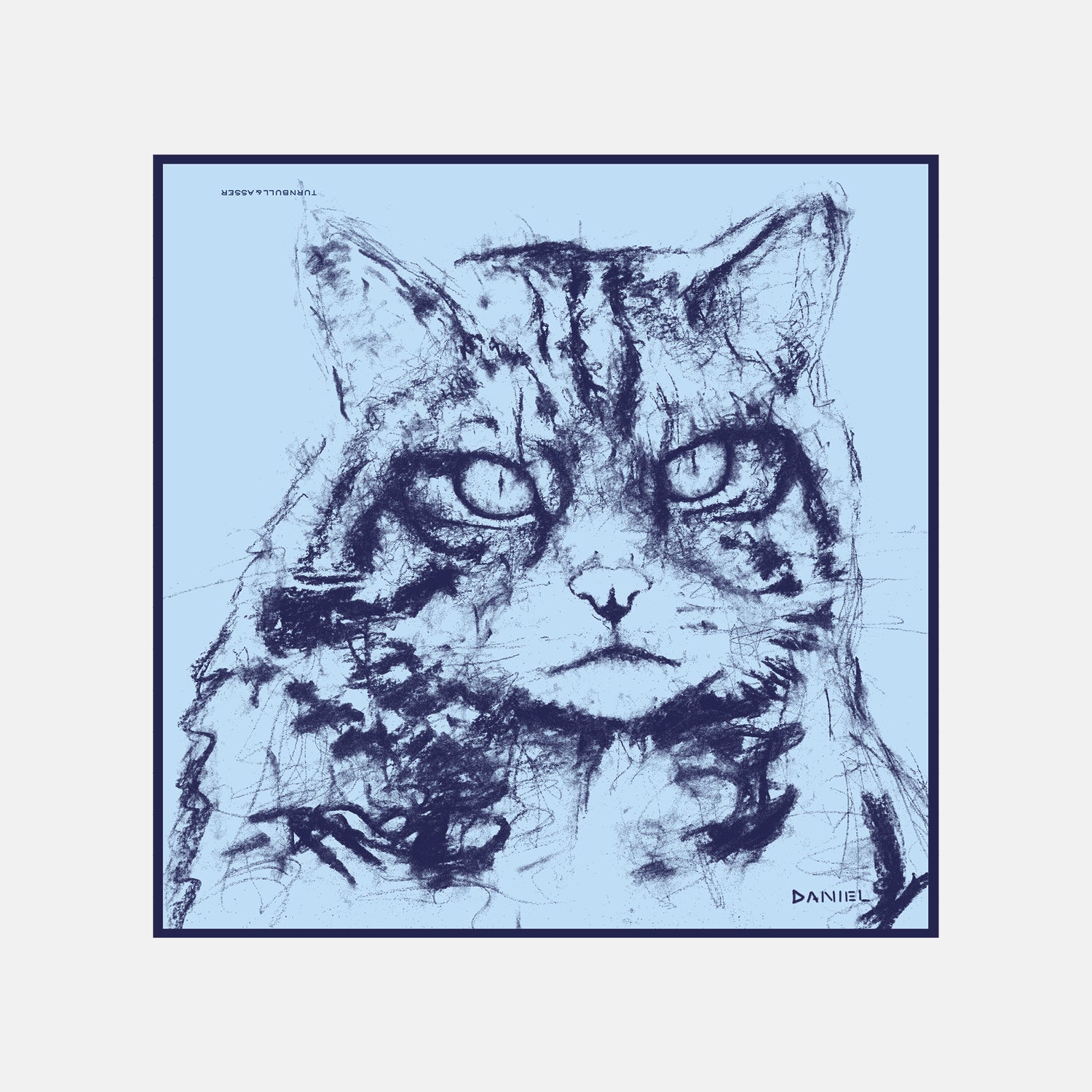 View 1 of product The Turnbull & Asser DANIEL PERKIN BLUE WILDCAT POCKET SQUARE features a blue-toned sketch of a tabby cat’s face with vivid eyes and fine fur detail on a pale blue background, finished with “DANISL” in the lower right corner.