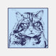 The Turnbull & Asser DANIEL PERKIN BLUE WILDCAT POCKET SQUARE features a blue-toned sketch of a tabby cat’s face with vivid eyes and fine fur detail on a pale blue background, finished with “DANISL” in the lower right corner.