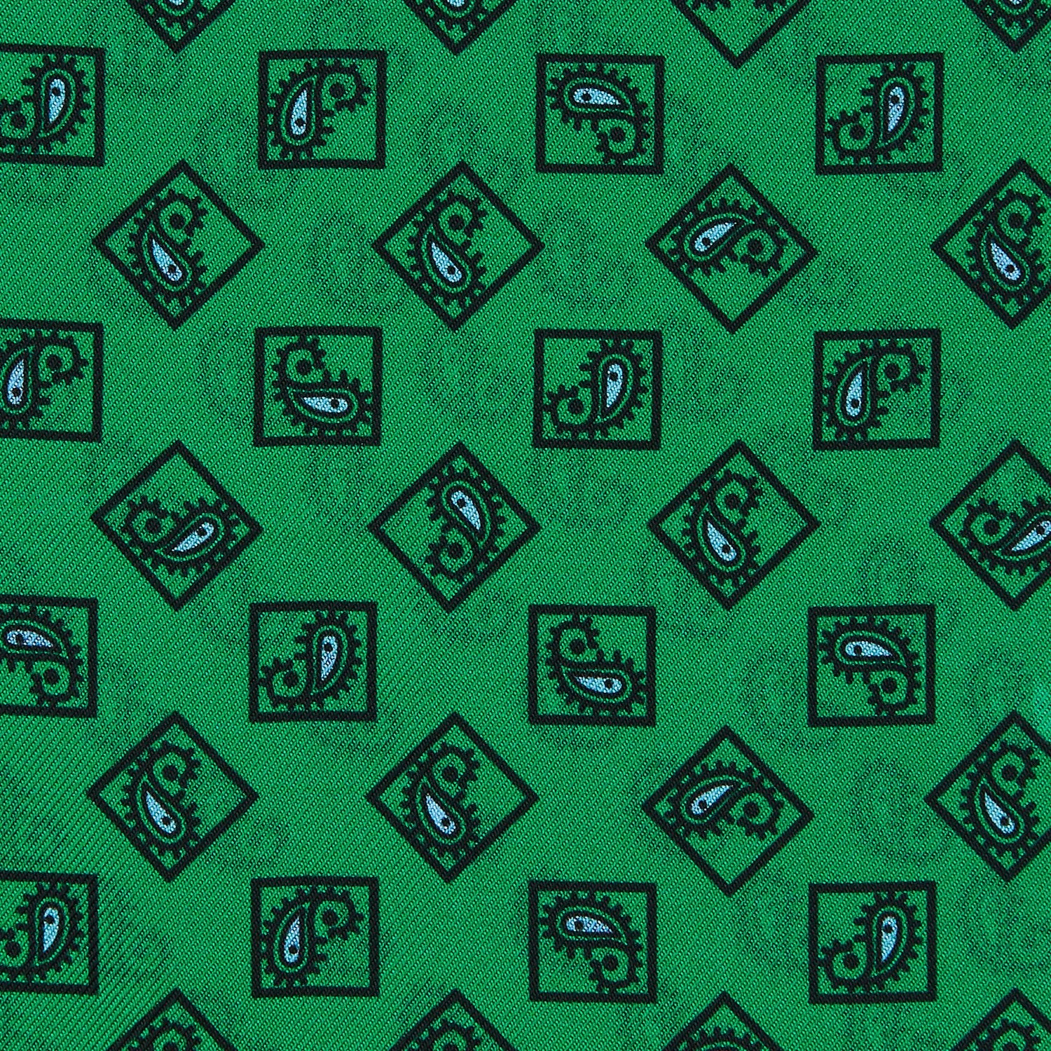 View 3 of product The Green & Blue Double-Faced Paisley Silk Bandana Pocket Square by Turnbull & Asser features a detailed paisley and geometric print with brand accents at the corners.