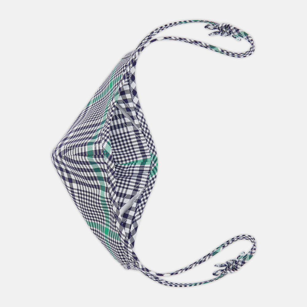 The Turnbull & Asser Exclusive Navy & Green Archive Check Superfine Cotton Commuter Mask features adjustable ear loops with bows and comes with 3 Viroformula™ filters.