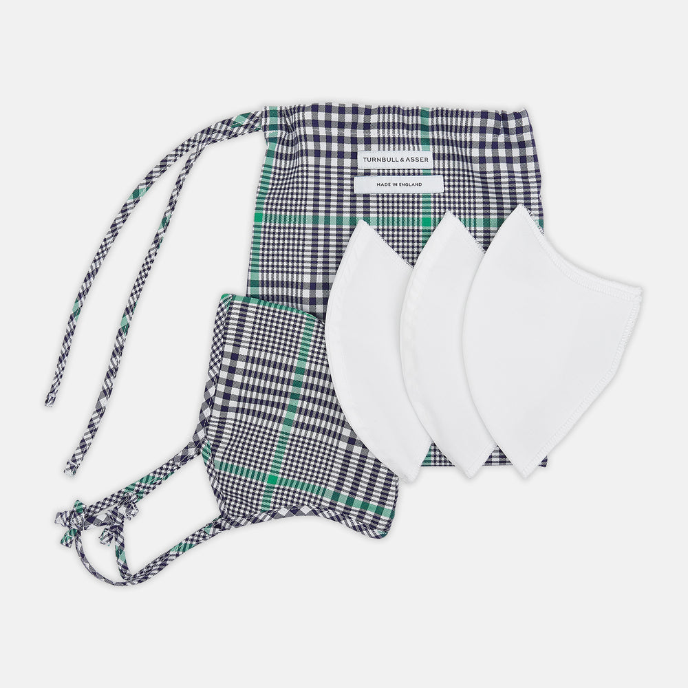 The Turnbull & Asser Exclusive Navy & Green Archive Check Superfine Cotton Commuter Mask features adjustable ear loops with bows and comes with 3 Viroformula™ filters.