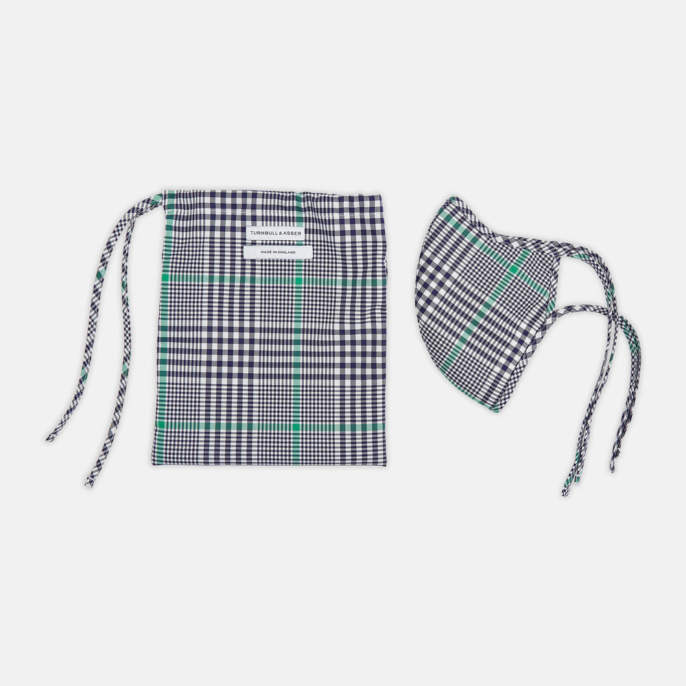 The Turnbull & Asser Exclusive Navy & Green Archive Check Superfine Cotton Commuter Mask features adjustable ear loops with bows and comes with 3 Viroformula™ filters.