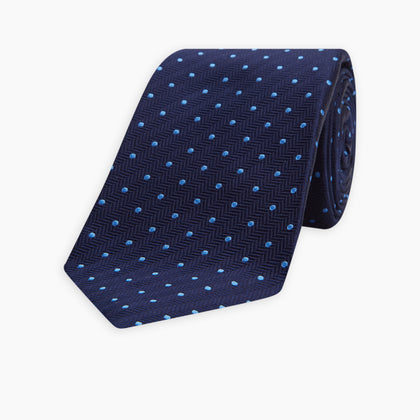 Seven-Fold Navy & Light Blue Spot Herringbone Silk Tie Image 4