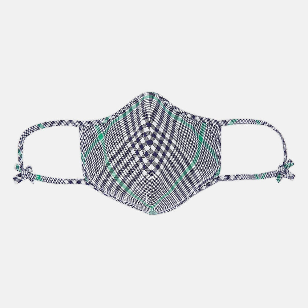 The Turnbull & Asser Exclusive Navy & Green Archive Check Superfine Cotton Commuter Mask features adjustable ear loops with bows and comes with 3 Viroformula™ filters.