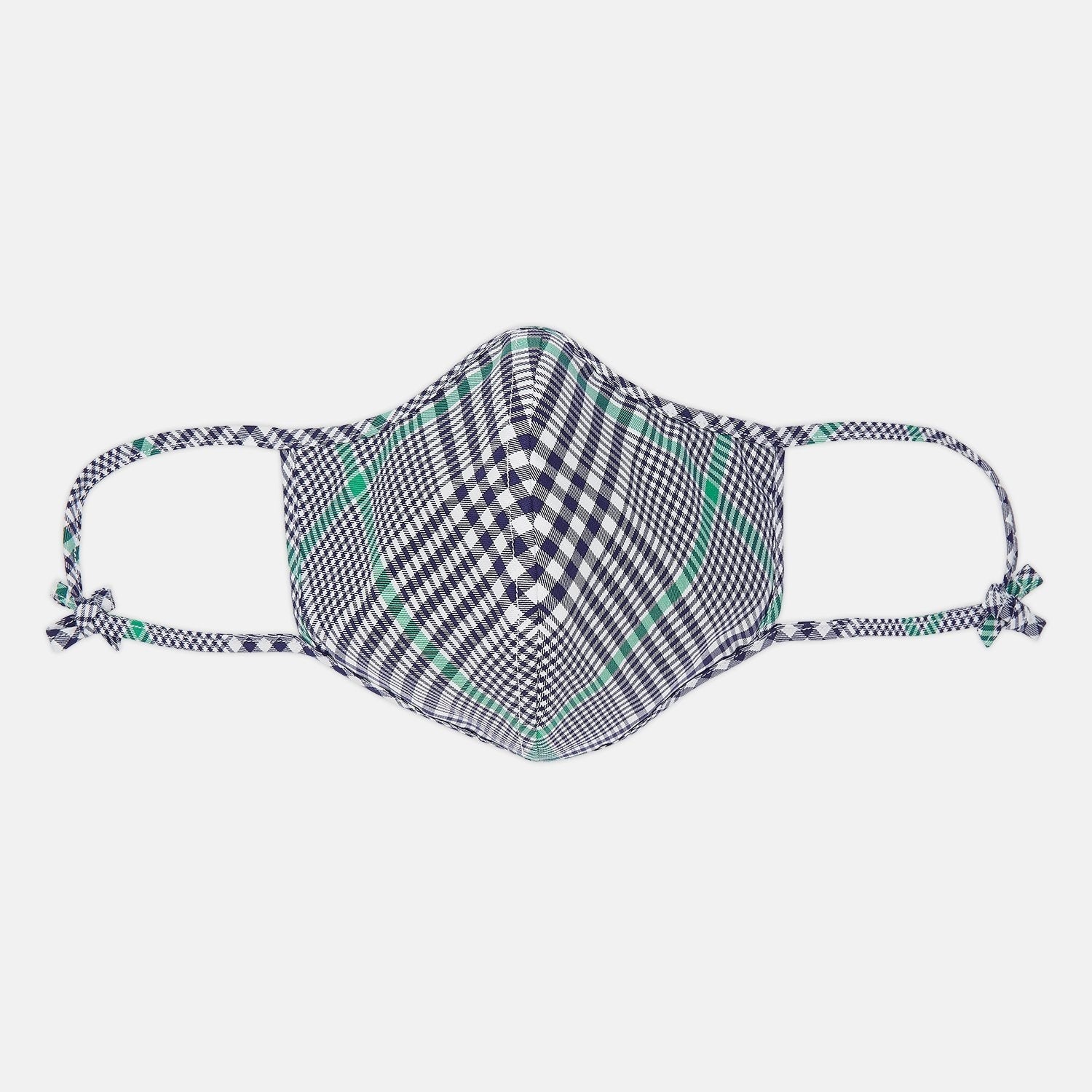 View 1 of product The Turnbull & Asser Exclusive Navy & Green Archive Check Superfine Cotton Commuter Mask features adjustable ear loops with bows and comes with 3 Viroformula™ filters.