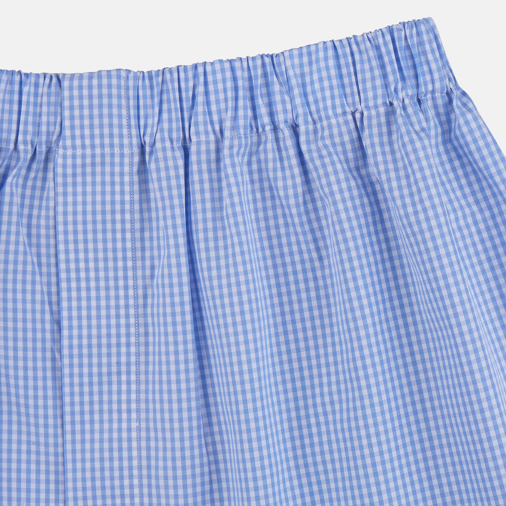 Turnbull & Asser Sky Blue Gingham Check Boxer Shorts: classic men's underwear crafted from fine Italian cotton with an elastic waistband, shown flat on a white background for timeless style.