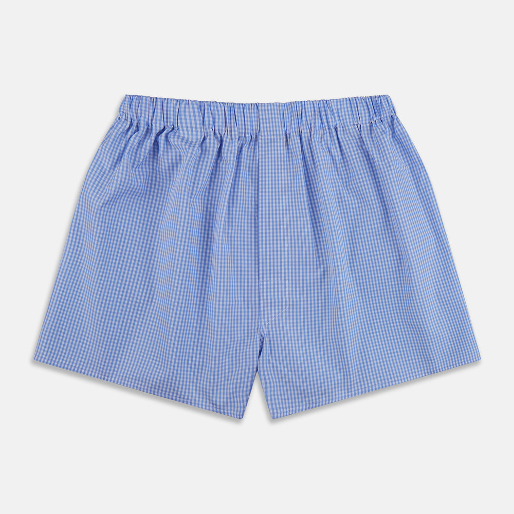 Turnbull & Asser Sky Blue Gingham Check Boxer Shorts: classic men's underwear crafted from fine Italian cotton with an elastic waistband, shown flat on a white background for timeless style.