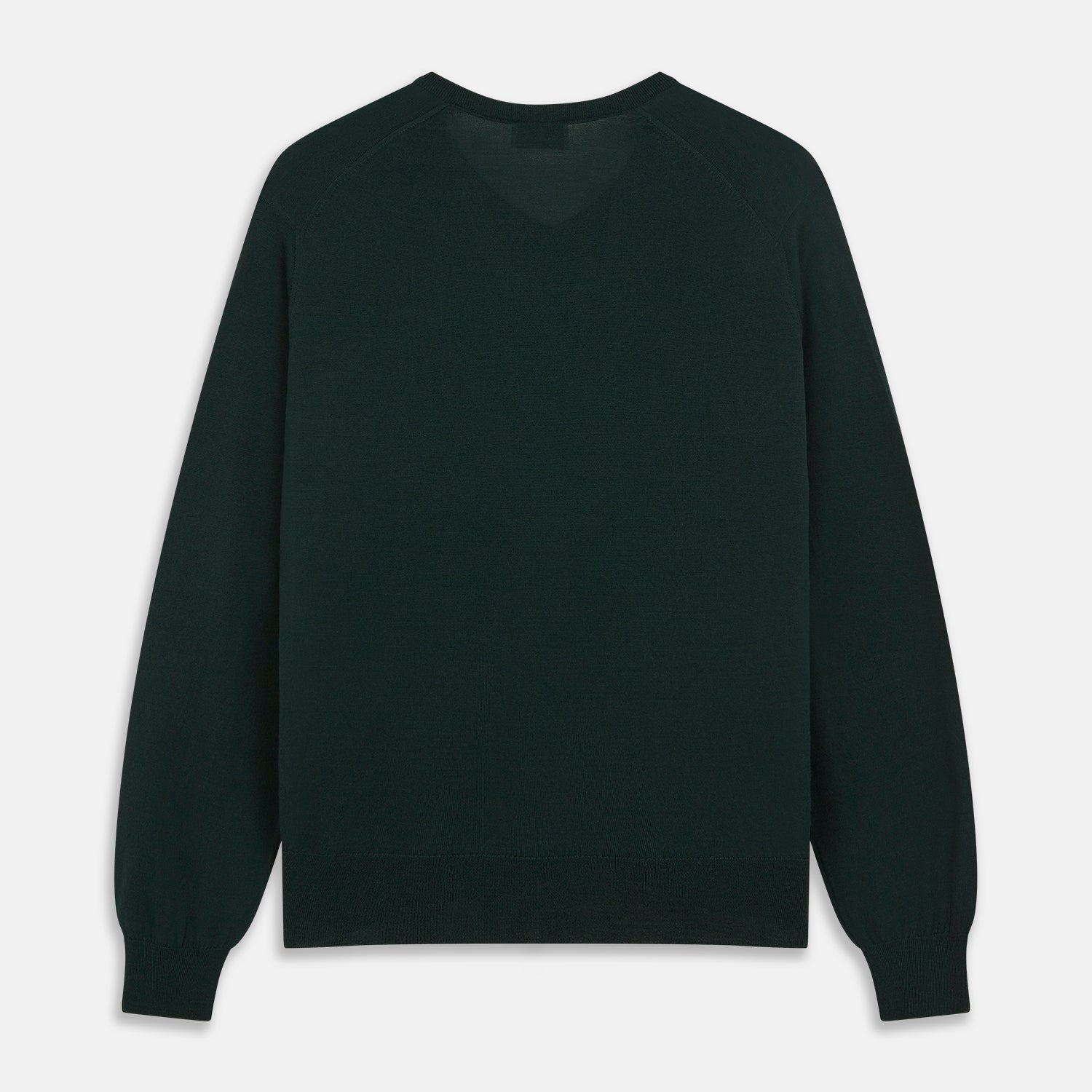 View 3 of product The Turnbull & Asser Forest Green Fine Merino V-Neck Jumper, shown laid flat on a white background, features classic Scottish knitwear details with ribbed cuffs and hem for a timeless look.