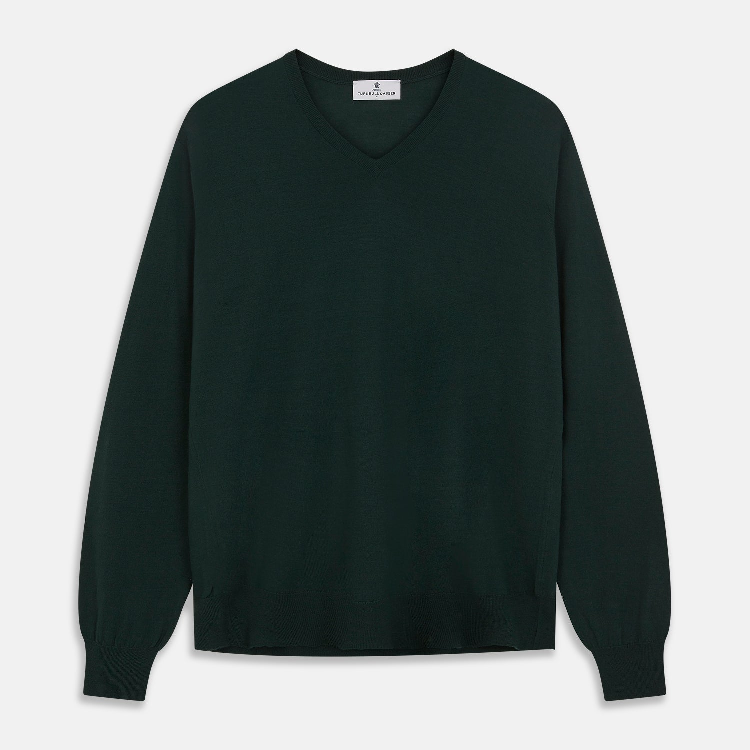 View 1 of product The Turnbull & Asser Forest Green Fine Merino V-Neck Jumper, shown laid flat on a white background, features classic Scottish knitwear details with ribbed cuffs and hem for a timeless look.