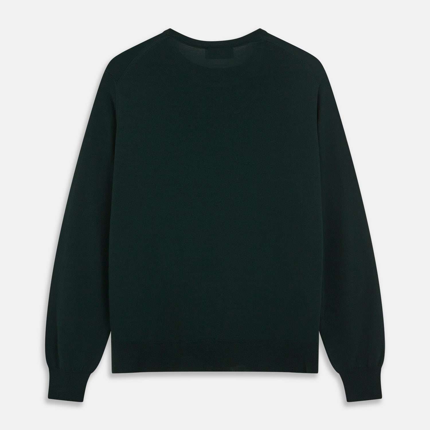 View 3 of product The Turnbull & Asser Forest Green Crew Neck Merino Jumper features ribbed cuffs and hem for a classic look. Laid flat on a white background, this luxury long-sleeve sweater is an essential, timeless addition to any wardrobe.