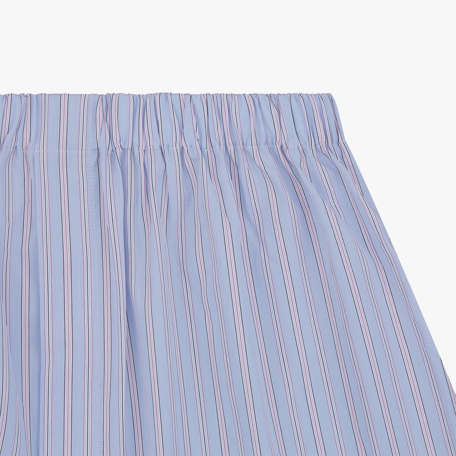 View 2 of product Turnbull & Asser's Blue and Pink Stripe Poplin Cotton Boxer Shorts feature an elastic waistband, loose fit, and thin pink and blue vertical stripes, shown here against a plain white background.
