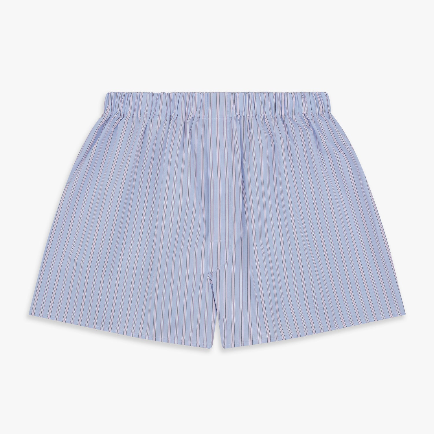 View 1 of product Turnbull & Asser's Blue and Pink Stripe Poplin Cotton Boxer Shorts feature an elastic waistband, loose fit, and thin pink and blue vertical stripes, shown here against a plain white background.