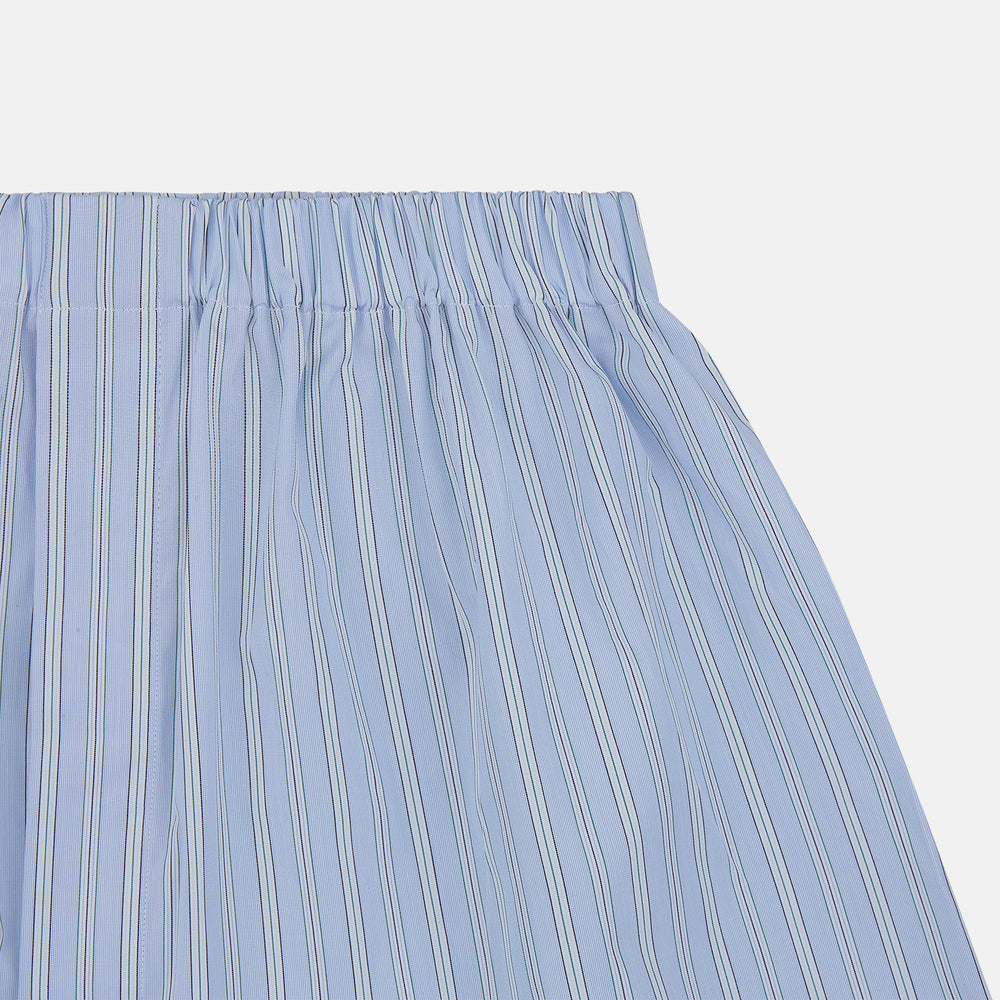 Turnbull & Asser Blue and Green Stripe Poplin Cotton Boxer Shorts with elasticated waistband, shown flat on a plain white background.