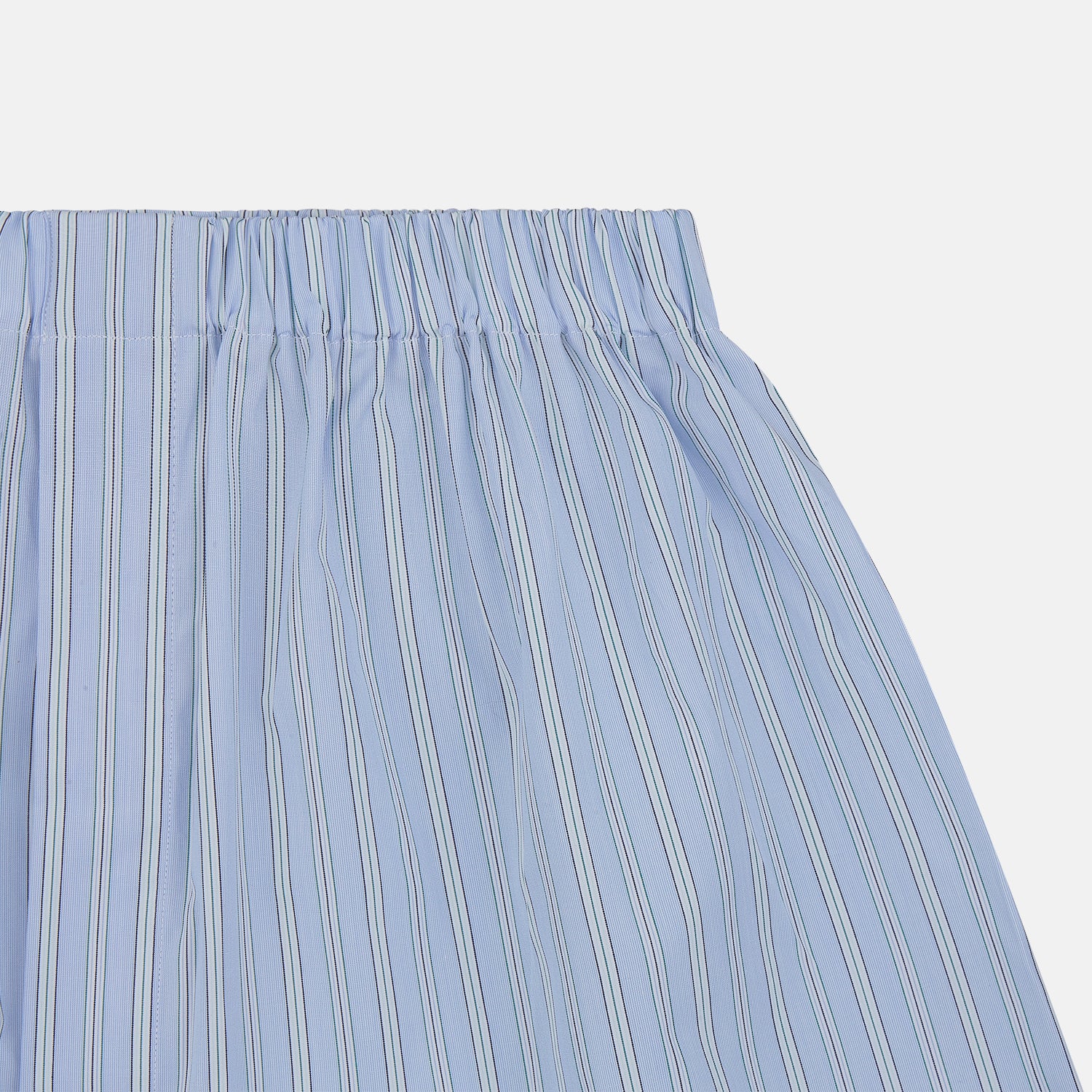 View 2 of product Turnbull & Asser Blue and Green Stripe Poplin Cotton Boxer Shorts with elasticated waistband, shown flat on a plain white background.