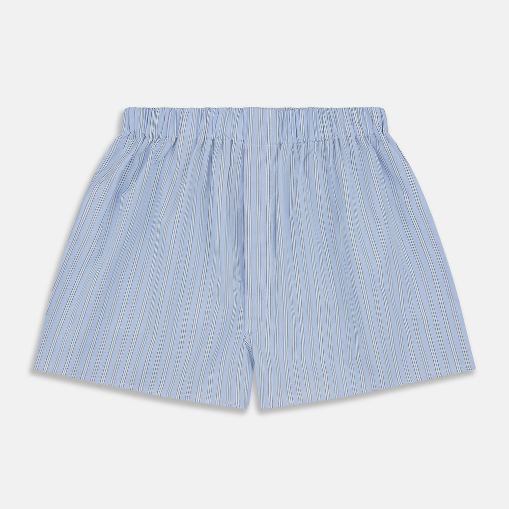Turnbull & Asser Blue and Green Stripe Poplin Cotton Boxer Shorts with elasticated waistband, shown flat on a plain white background.