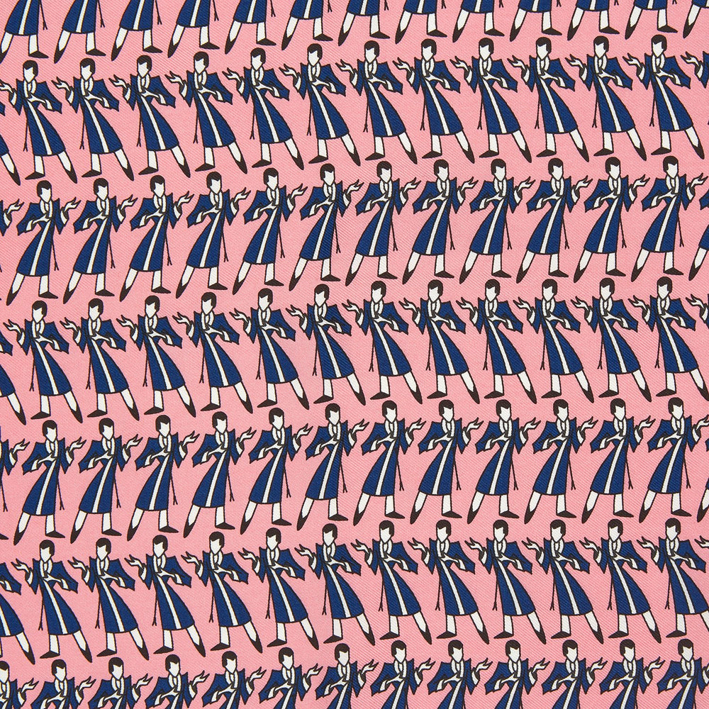 The Pink Dressing Gowns Pocket Square by Turnbull & Asser features a pink base inspired by classic dressing gowns, with black and white illustrated golfers in swinging poses and navy and pink striped borders.