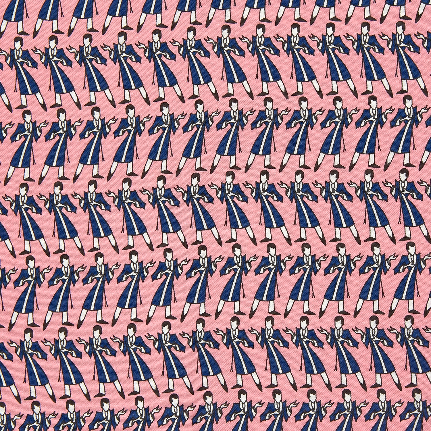 View 3 of product The Pink Dressing Gowns Pocket Square by Turnbull & Asser features a pink base inspired by classic dressing gowns, with black and white illustrated golfers in swinging poses and navy and pink striped borders.